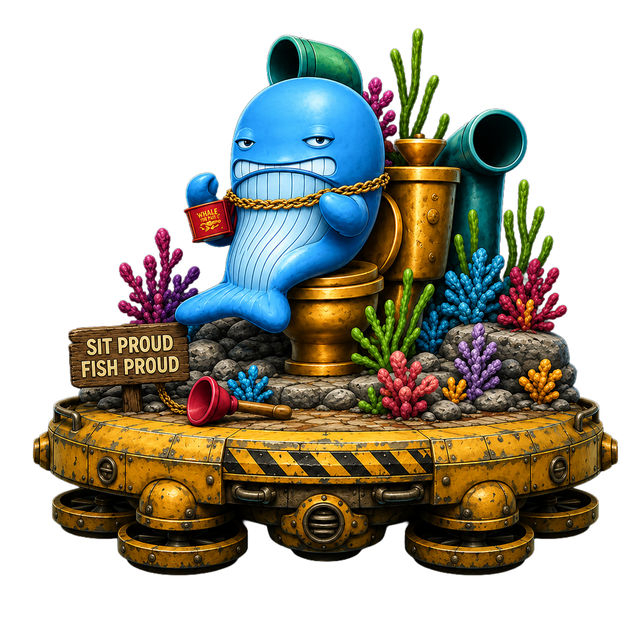 A blue whale sitting on a golden throne surrounded by coral